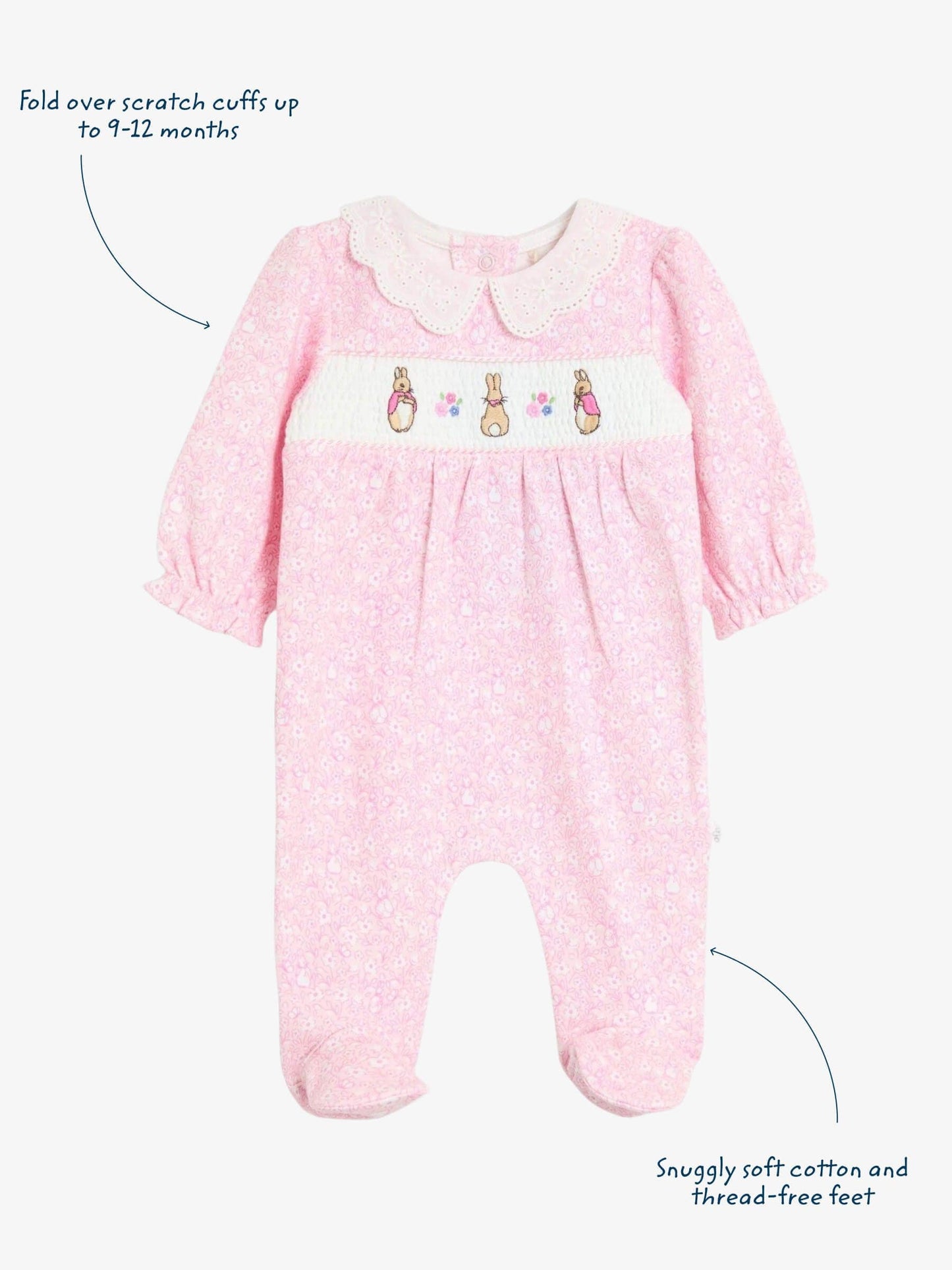 JoJo Maman Bébé Pink Ditsy Floral Flopsy Smocked Collared Sleepsuit image 3