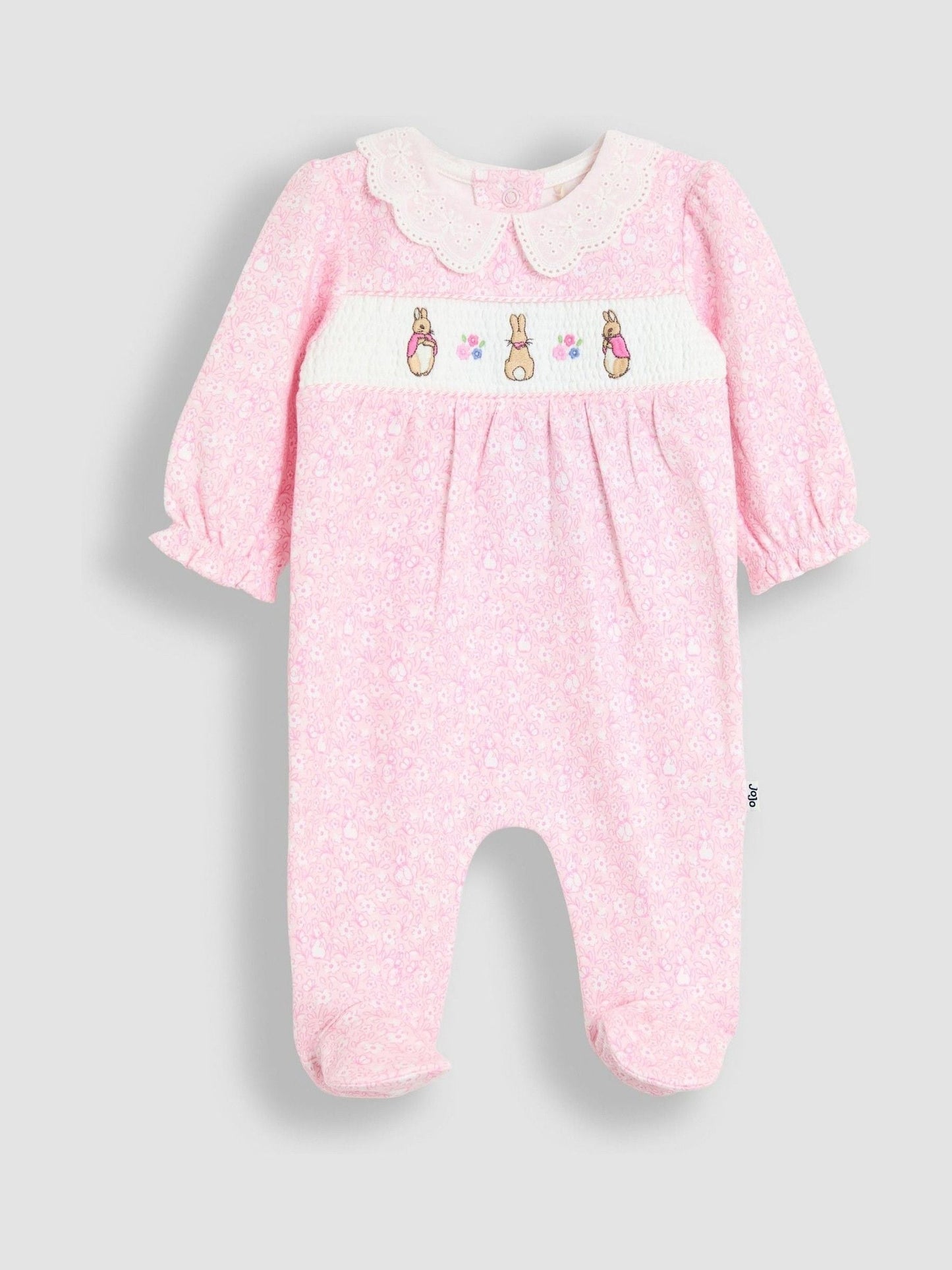 JoJo Maman Bébé Pink Ditsy Floral Flopsy Smocked Collared Sleepsuit image 1