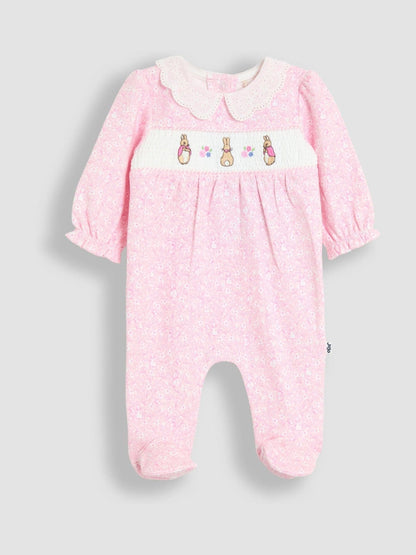 JoJo Maman Bébé Pink Ditsy Floral Flopsy Smocked Collared Sleepsuit image 1