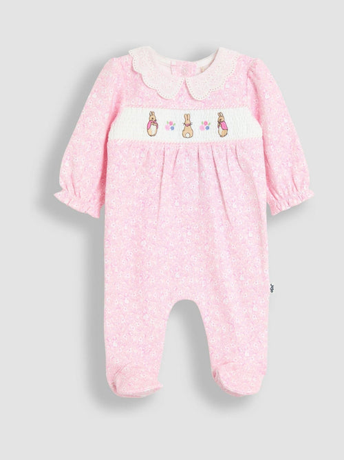 JoJo Maman Bébé Pink Ditsy Floral Flopsy Smocked Collared Sleepsuit image 1