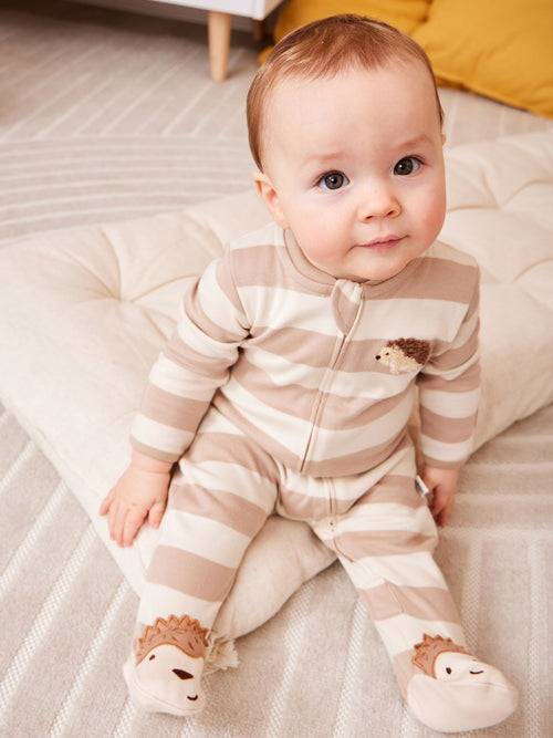 JoJo Maman Bébé Brown Hedgehog Wide Stripe Character Footed Sleepsuit image 1