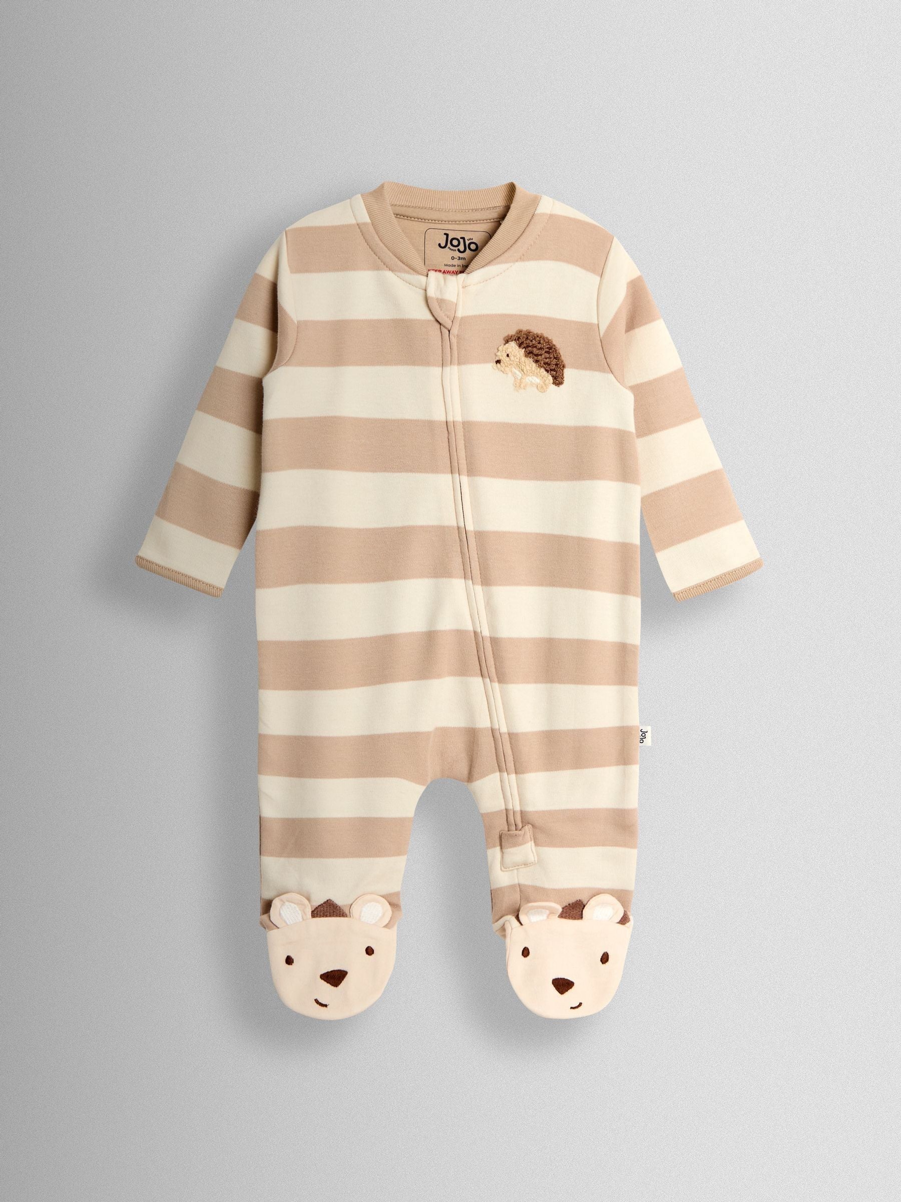 JoJo Maman Bébé Brown Hedgehog Wide Stripe Character Footed Sleepsuit image 2