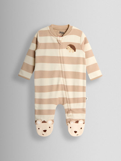 JoJo Maman Bébé Brown Hedgehog Wide Stripe Character Footed Sleepsuit image 2