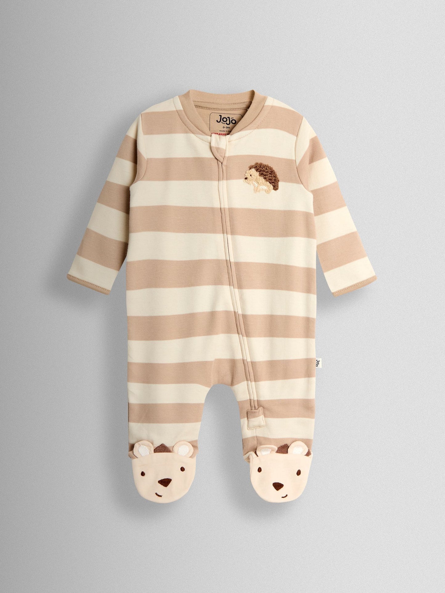 JoJo Maman Bébé Brown Hedgehog Wide Stripe Character Footed Sleepsuit image 2