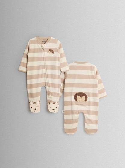 JoJo Maman Bébé Brown Hedgehog Wide Stripe Character Footed Sleepsuit image 3