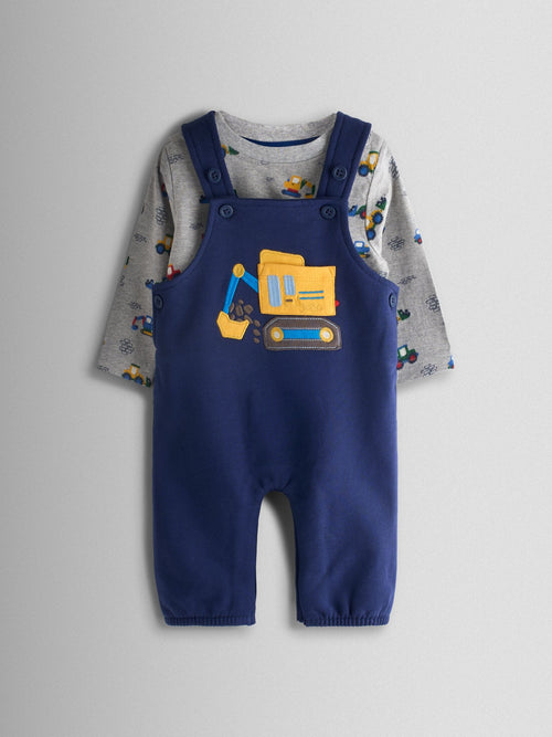 JoJo Maman Bébé Navy Blue Digger 2-Piece Appliqué Dungaree & Top Set image 1