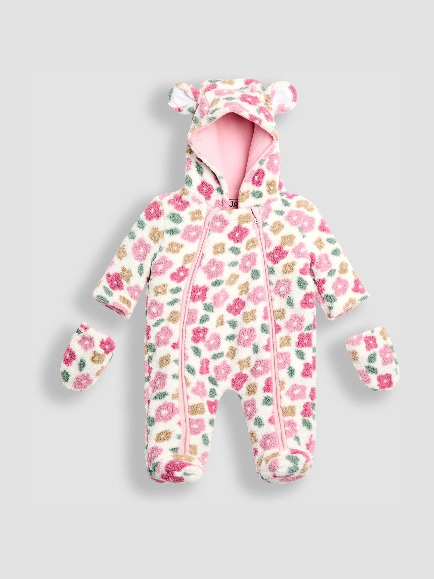 JoJo Maman Bébé Pink Floral Cosy Borg Printed Pramsuit image 2