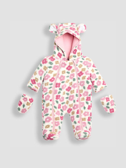 JoJo Maman Bébé Pink Floral Cosy Borg Printed Pramsuit image 2