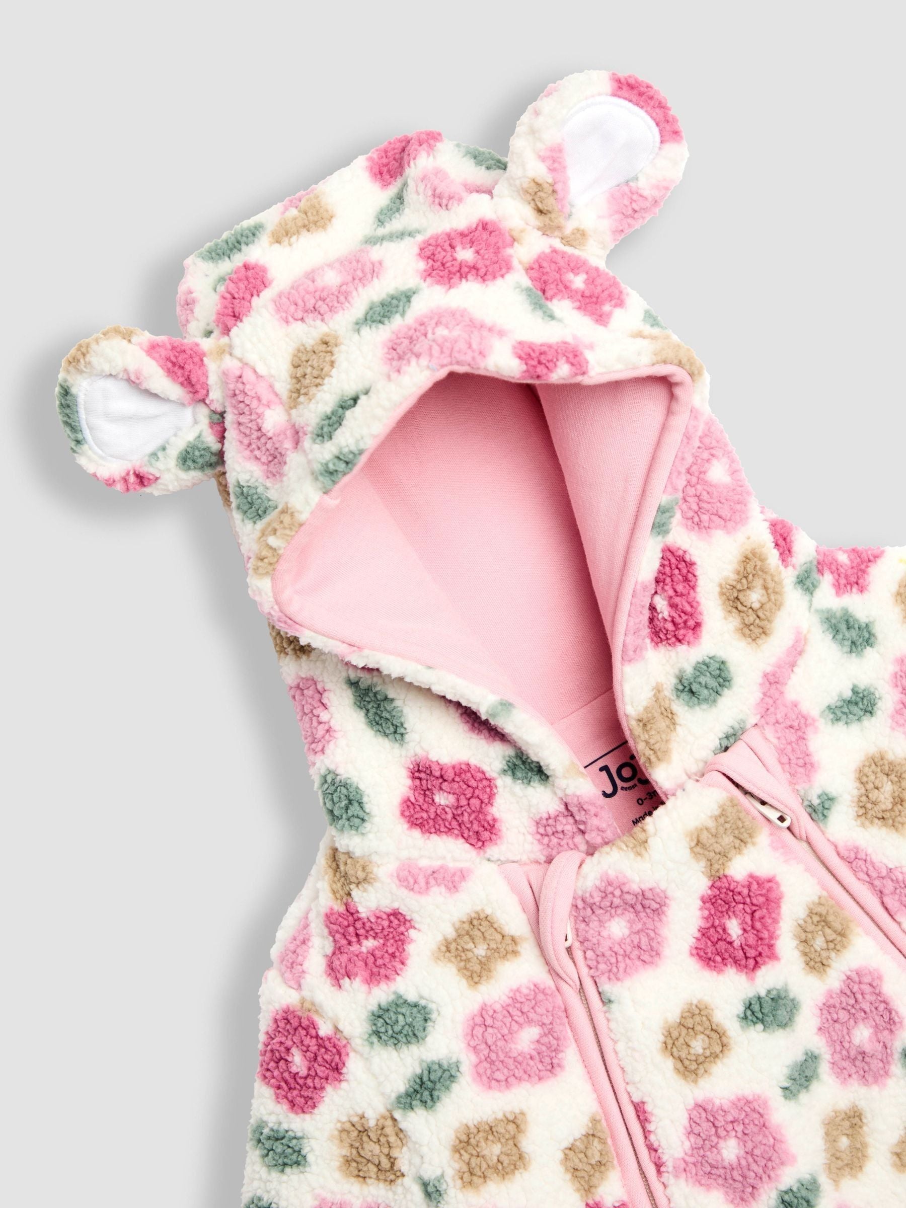 JoJo Maman Bébé Pink Floral Cosy Borg Printed Pramsuit image 3