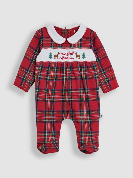 JoJo Maman Bébé Red Tartan My First Christmas Sleepsuit image 1
