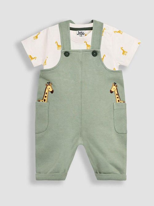 JoJo Maman Bébé Green Giraffe 2-Piece Pocket Dungarees & Top Set image 1