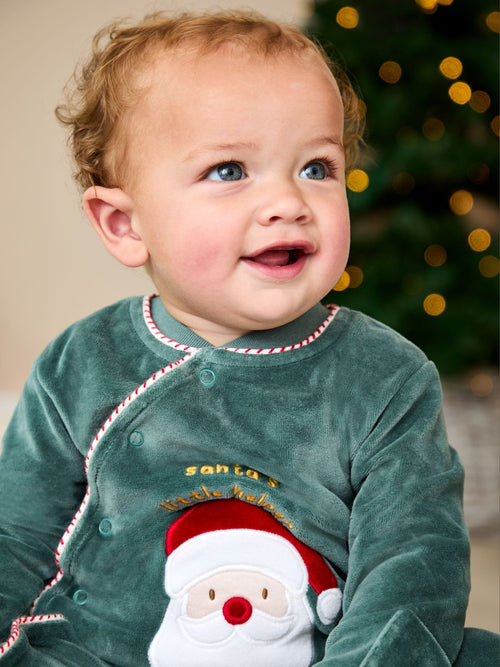 JoJo Maman Bébé Green Santa My First Christmas Velour All-In-One image 1