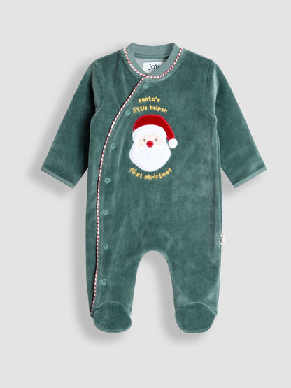 JoJo Maman Bébé Green Santa My First Christmas Velour All-In-One image 3