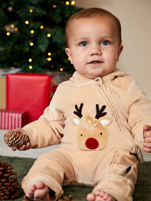 JoJo Maman Bébé Brown Christmas Reindeer Velour All-In-One image 1