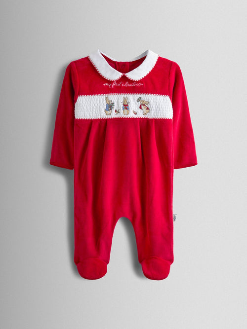JoJo Maman Bébé Red Peter Rabbit Christmas Velour All-In-One image 1