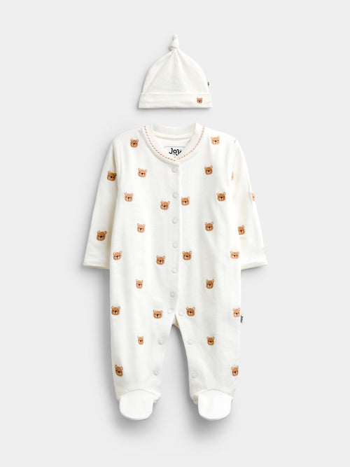 Dsiney Kidz - JoJo Maman Bébé Cream Bear Embroidered Organic Cotton Sleepsuit & Hat Set image 1