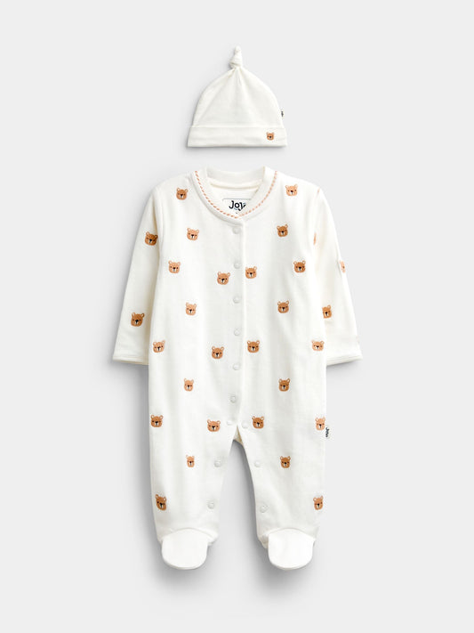 Dsiney Kidz - JoJo Maman Bébé Cream Bear Embroidered Organic Cotton Sleepsuit & Hat Set image 1