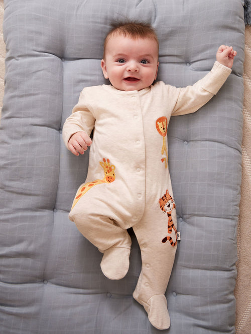 JoJo Maman Bébé Natural Safari 100% Cotton Footed Appliqué Sleepsuit image 1