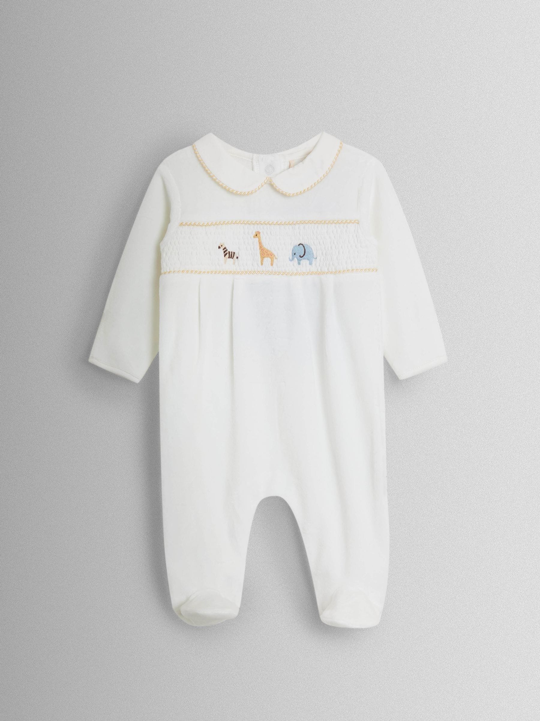 JoJo Maman Bébé Cream Safari Smocked Velour Footed All- In- One image 1