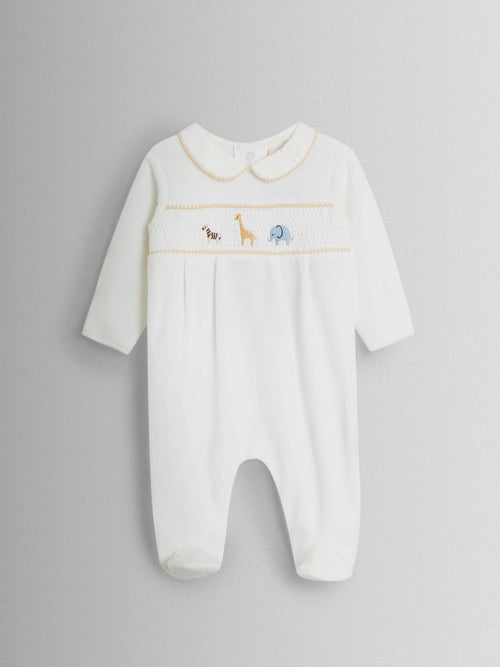 JoJo Maman Bébé Cream Safari Smocked Velour Footed All- In- One image 1