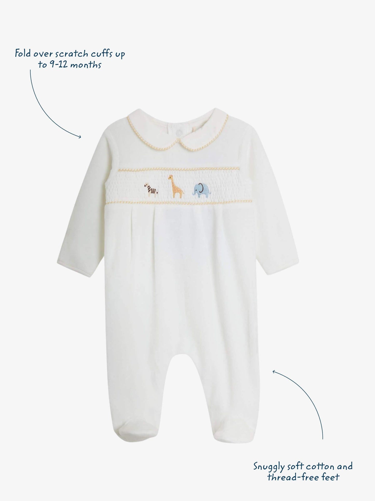 JoJo Maman Bébé Cream Safari Smocked Velour Footed All- In- One image 3