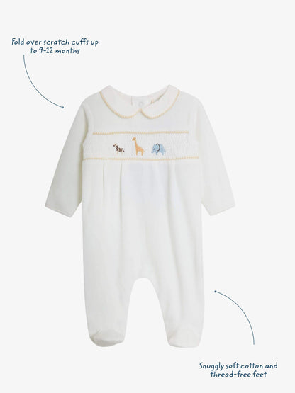 JoJo Maman Bébé Cream Safari Smocked Velour Footed All- In- One image 3