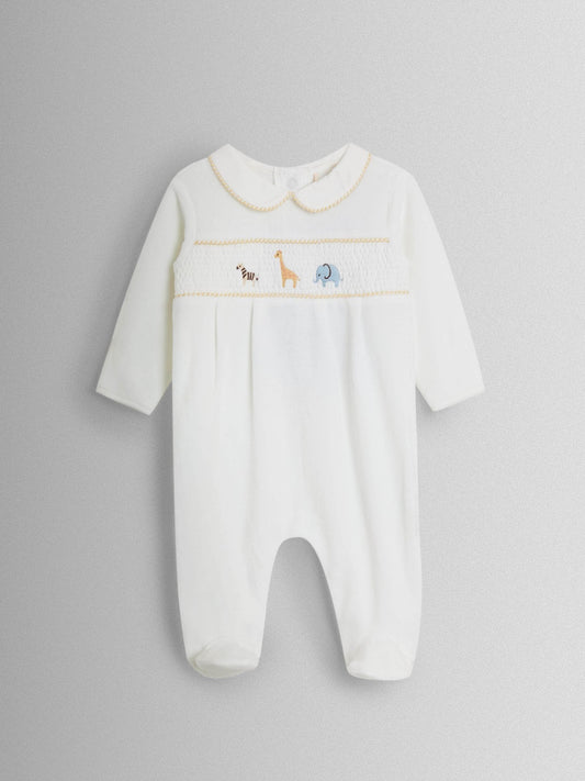 JoJo Maman Bébé Cream Safari Smocked Velour Footed All- In- One image 1