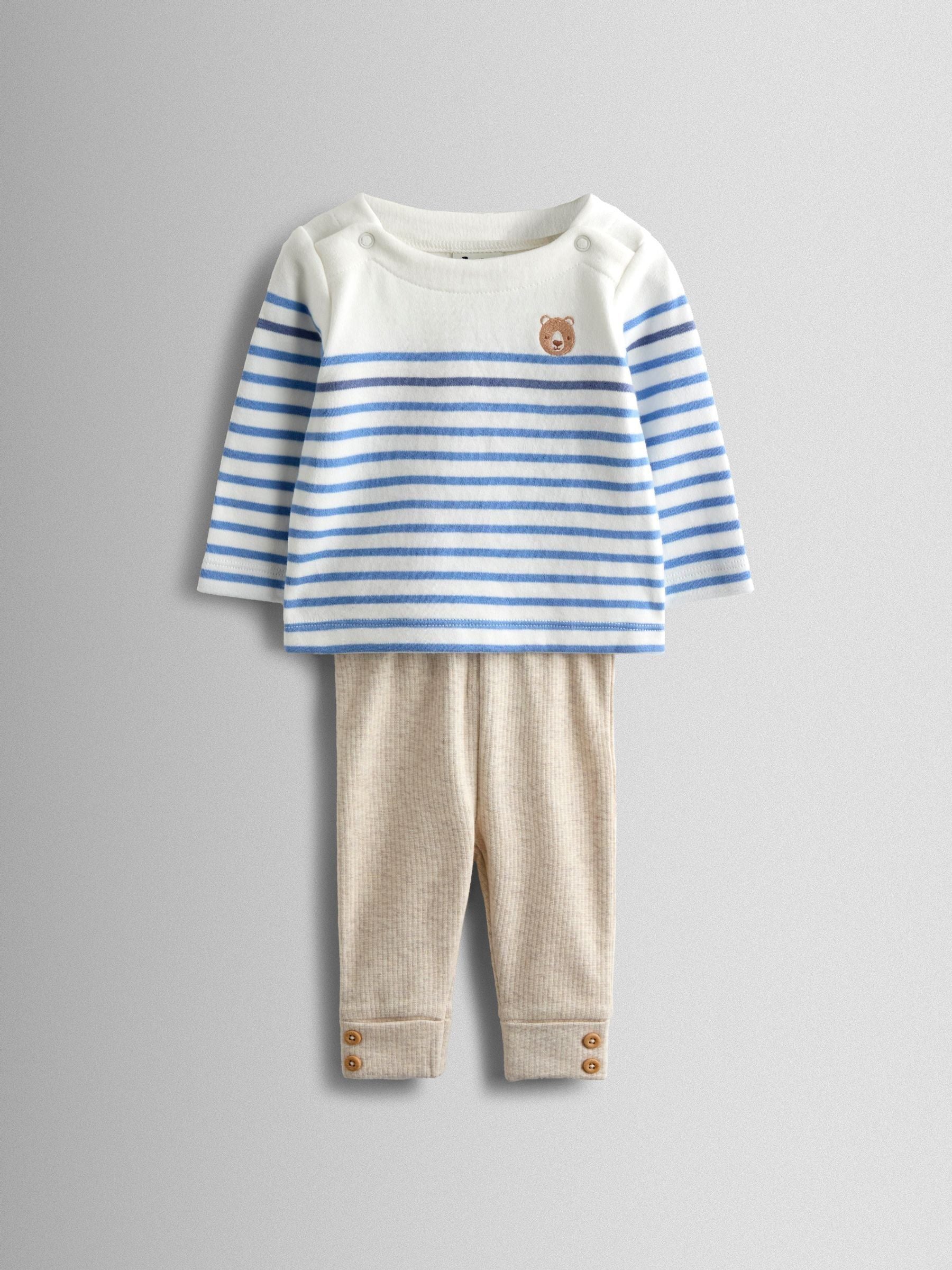 JoJo Maman Bébé Cream Bear Stripe Top and Legging Set image 1
