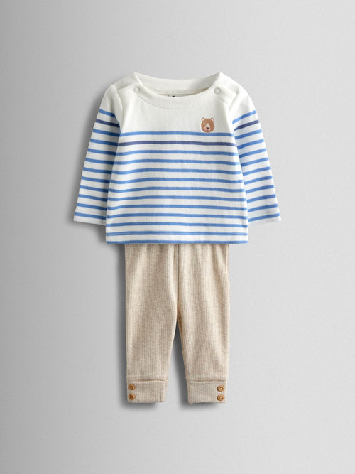 JoJo Maman Bébé Cream Bear Stripe Top and Legging Set image 1