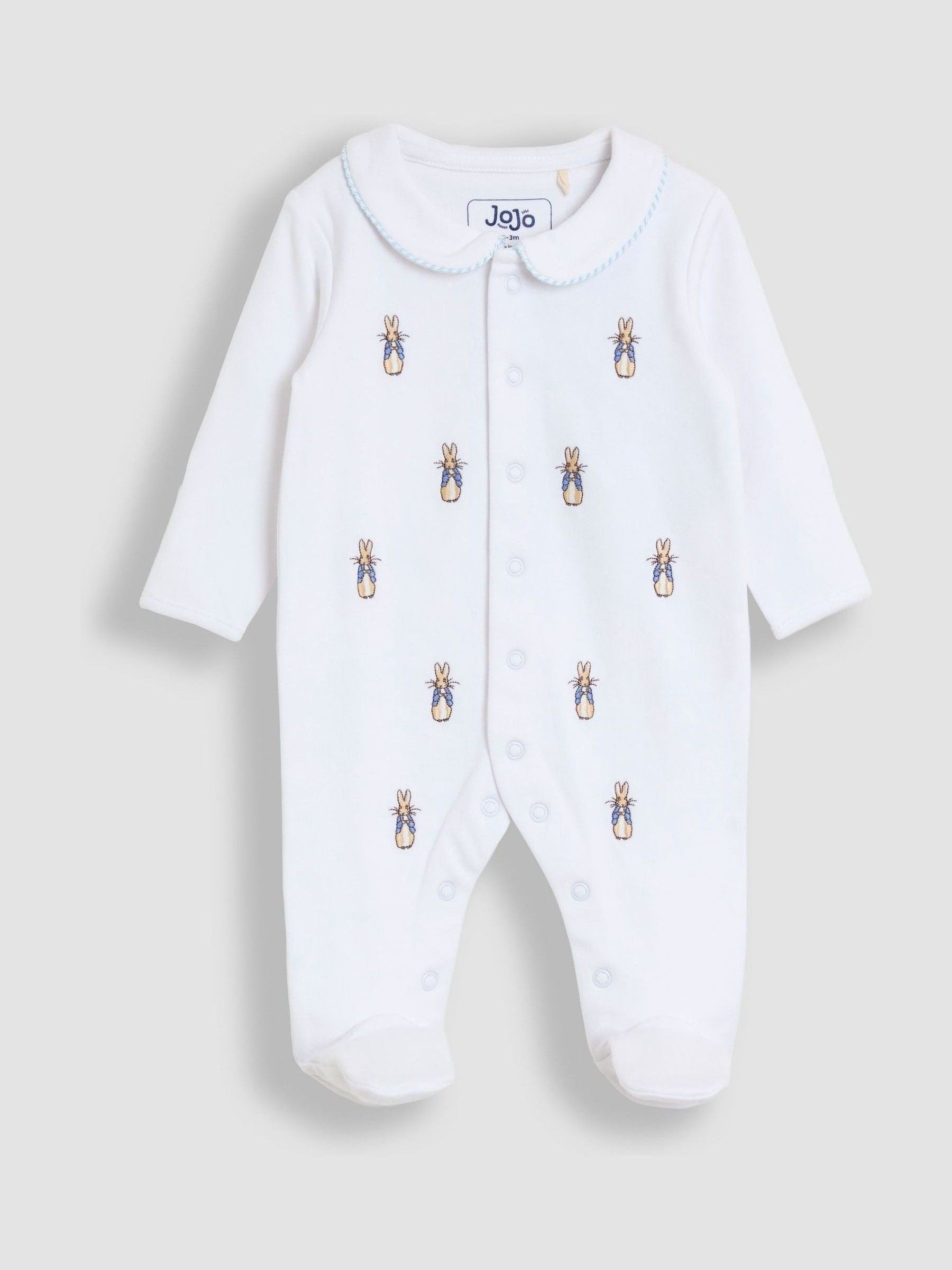 JoJo Maman Bébé White Peter Rabbit All-Over Embroidered Sleepsuit image 1