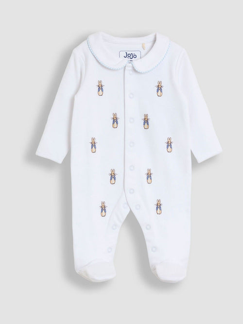 JoJo Maman Bébé White Peter Rabbit All-Over Embroidered Sleepsuit image 1