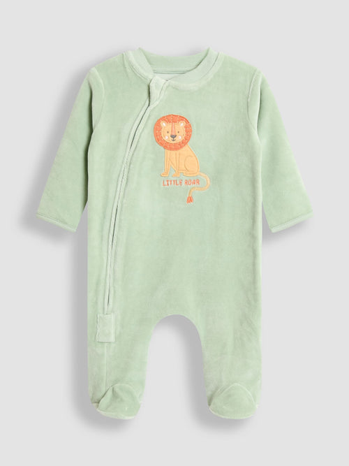 JoJo Maman Bébé Green Lion Velour Appliqué Footed All-In-One image 1