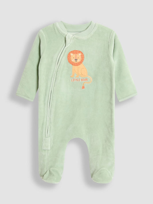 JoJo Maman Bébé Green Lion Velour Appliqué Footed All-In-One image 1