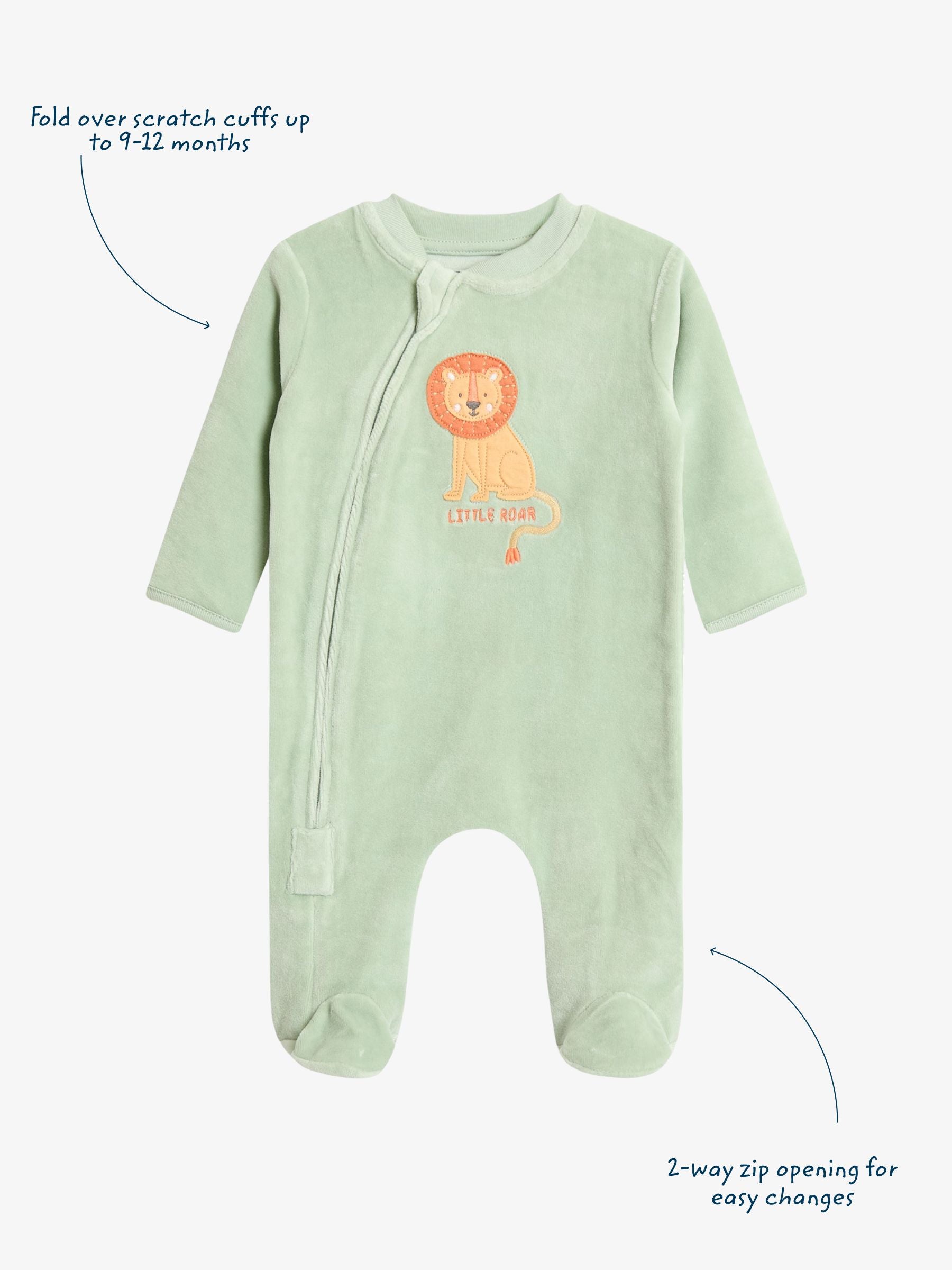 JoJo Maman Bébé Green Lion Velour Appliqué Footed All-In-One image 4
