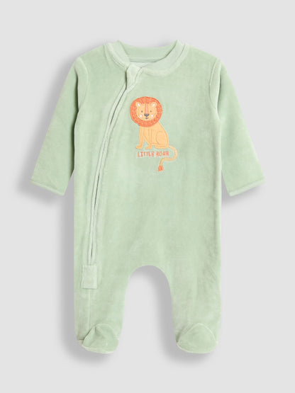 JoJo Maman Bébé Green Lion Velour Appliqué Footed All-In-One image 1