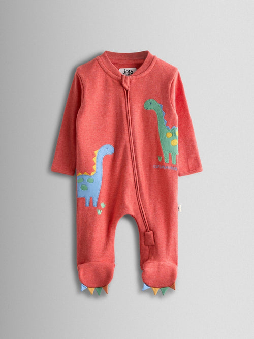 JoJo Maman Bébé Orange Dinosaur 100% Cotton Footed Appliqué Sleepsuit image 1