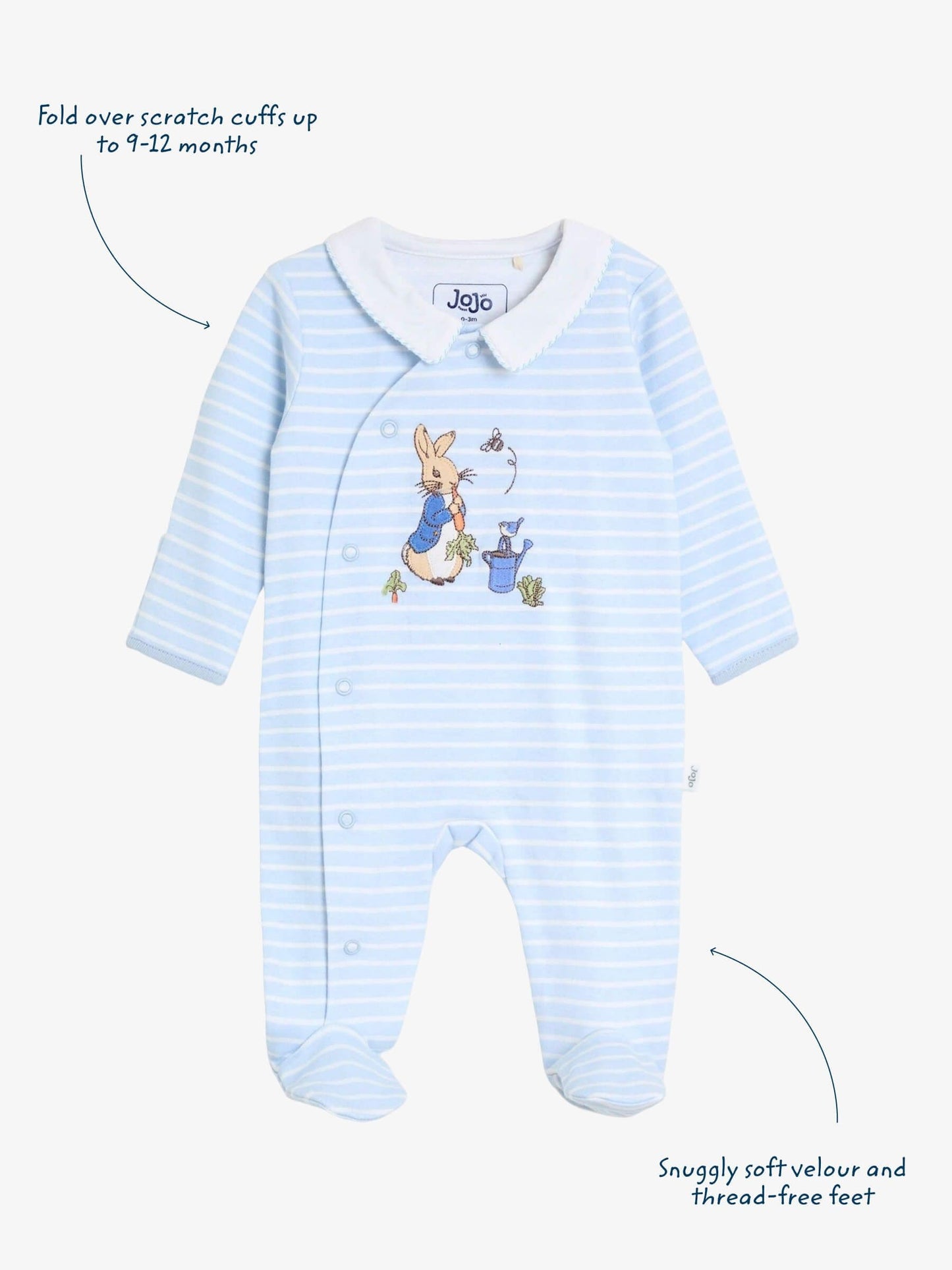 JoJo Maman Bébé Blue Peter Rabbit™ Stripe Appliqué Footed Sleepsuit image 3