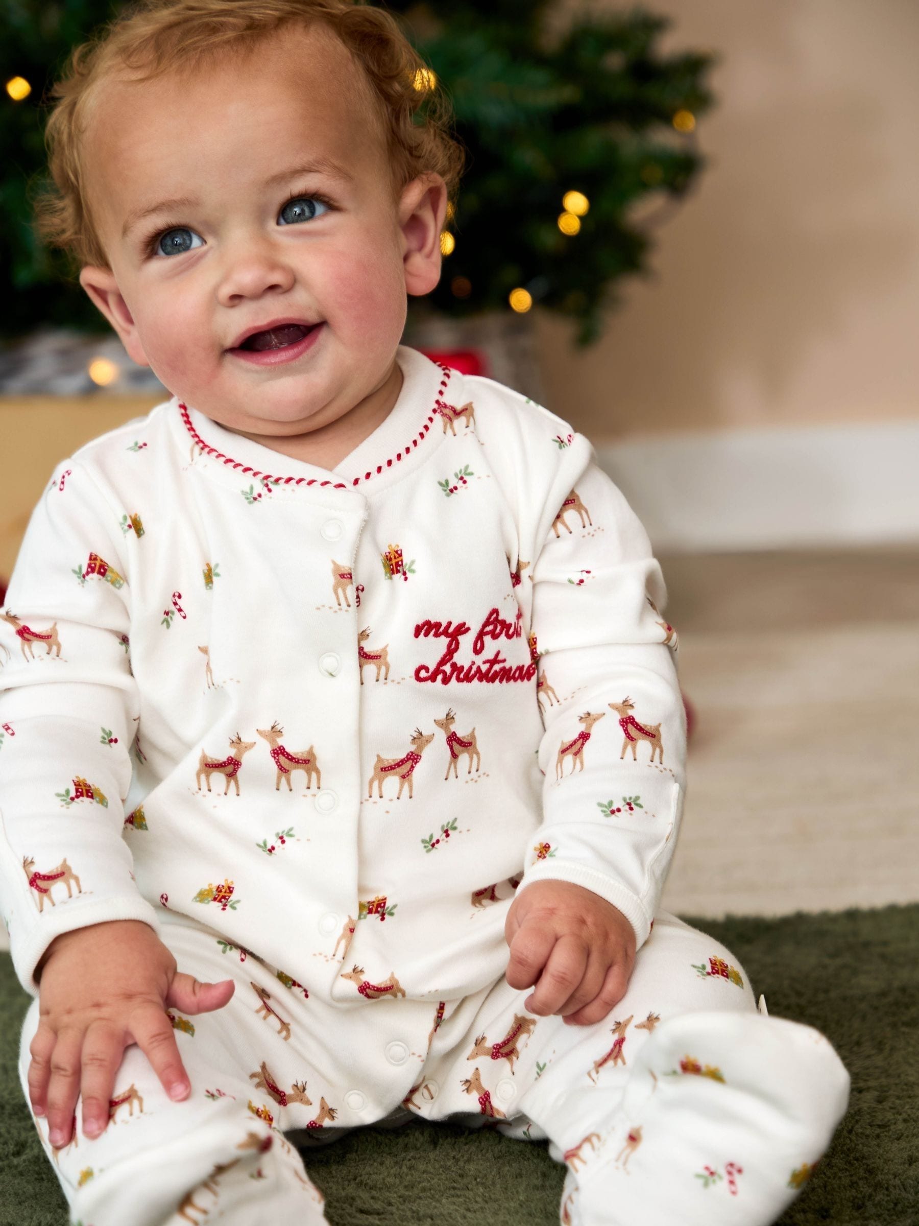 JoJo Maman Bébé Cream Christmas Reindeer Print Sleepsuit image 2