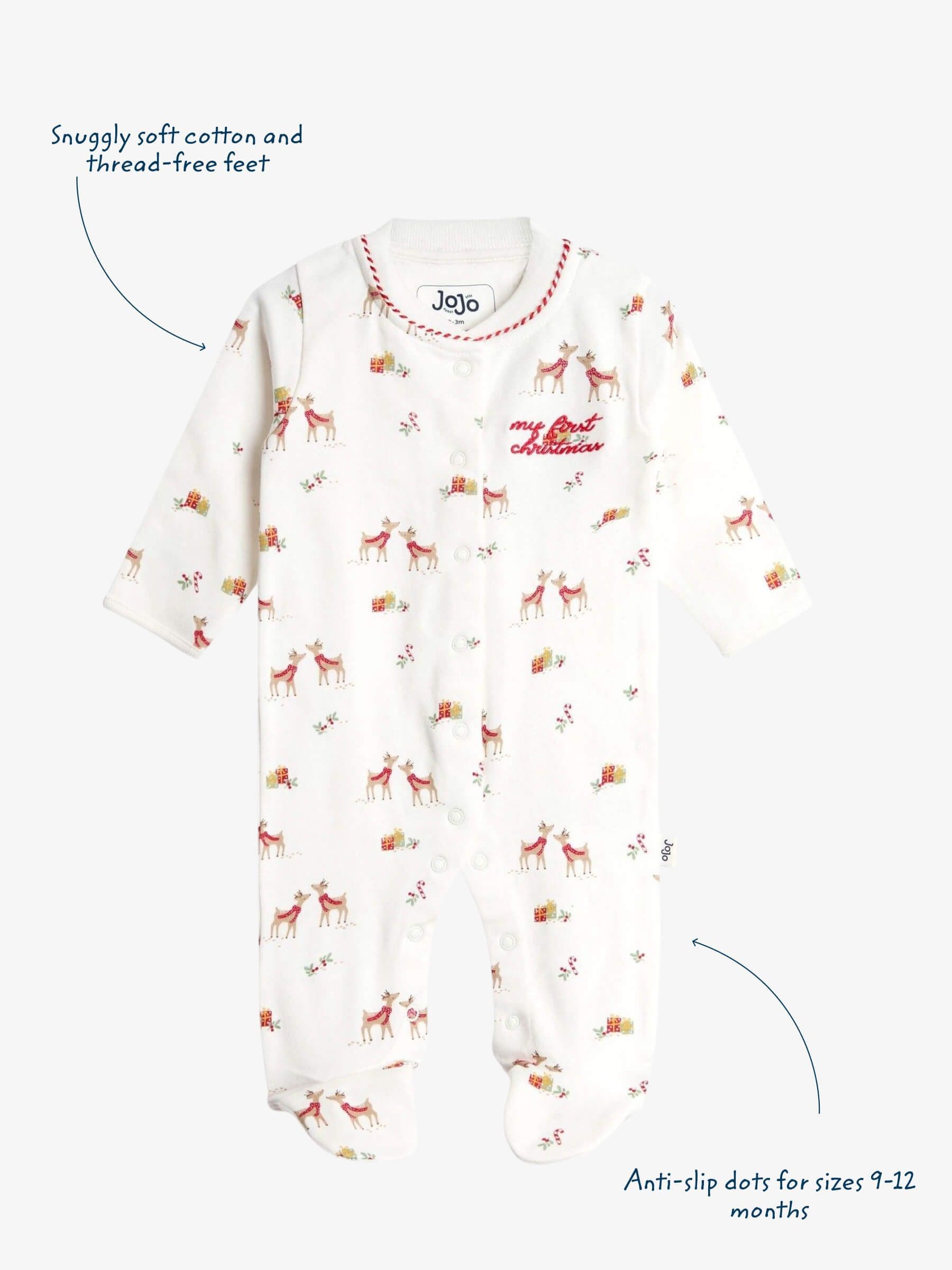 JoJo Maman Bébé Cream Christmas Reindeer Print Sleepsuit image 5