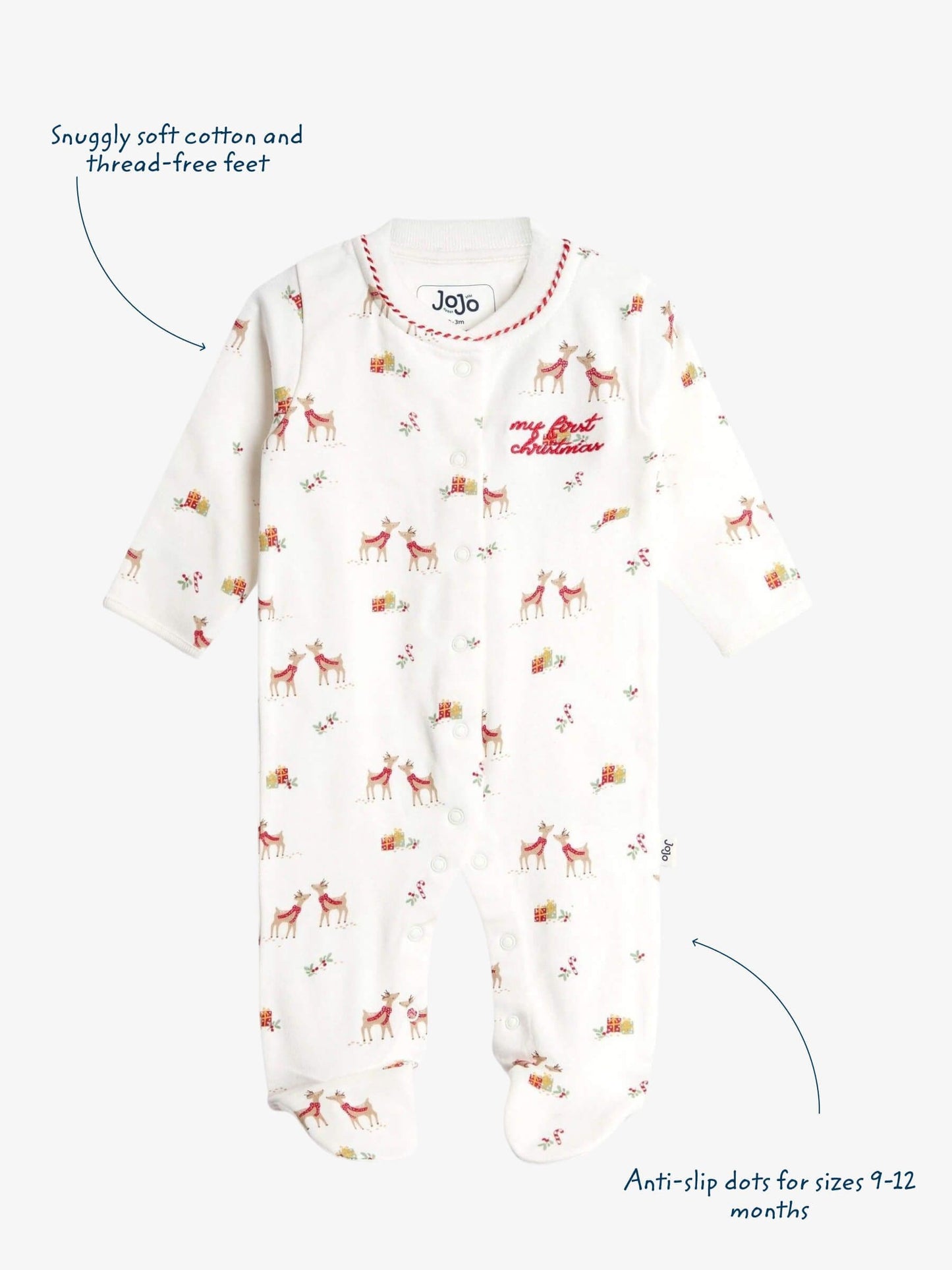 JoJo Maman Bébé Cream Christmas Reindeer Print Sleepsuit image 5