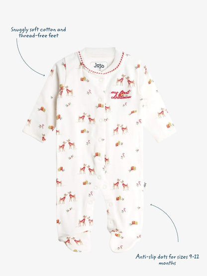 JoJo Maman Bébé Cream Christmas Reindeer Print Sleepsuit image 5