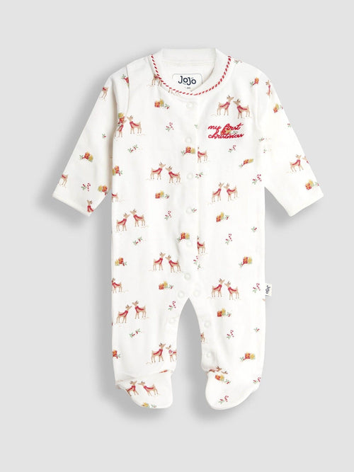 JoJo Maman Bébé Cream Christmas Reindeer Print Sleepsuit image 1