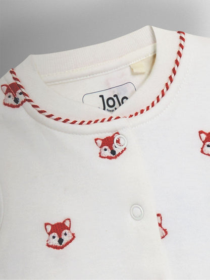 JoJo Maman Bébé Cream Organic Fox Embroidered Sleepsuit image 3
