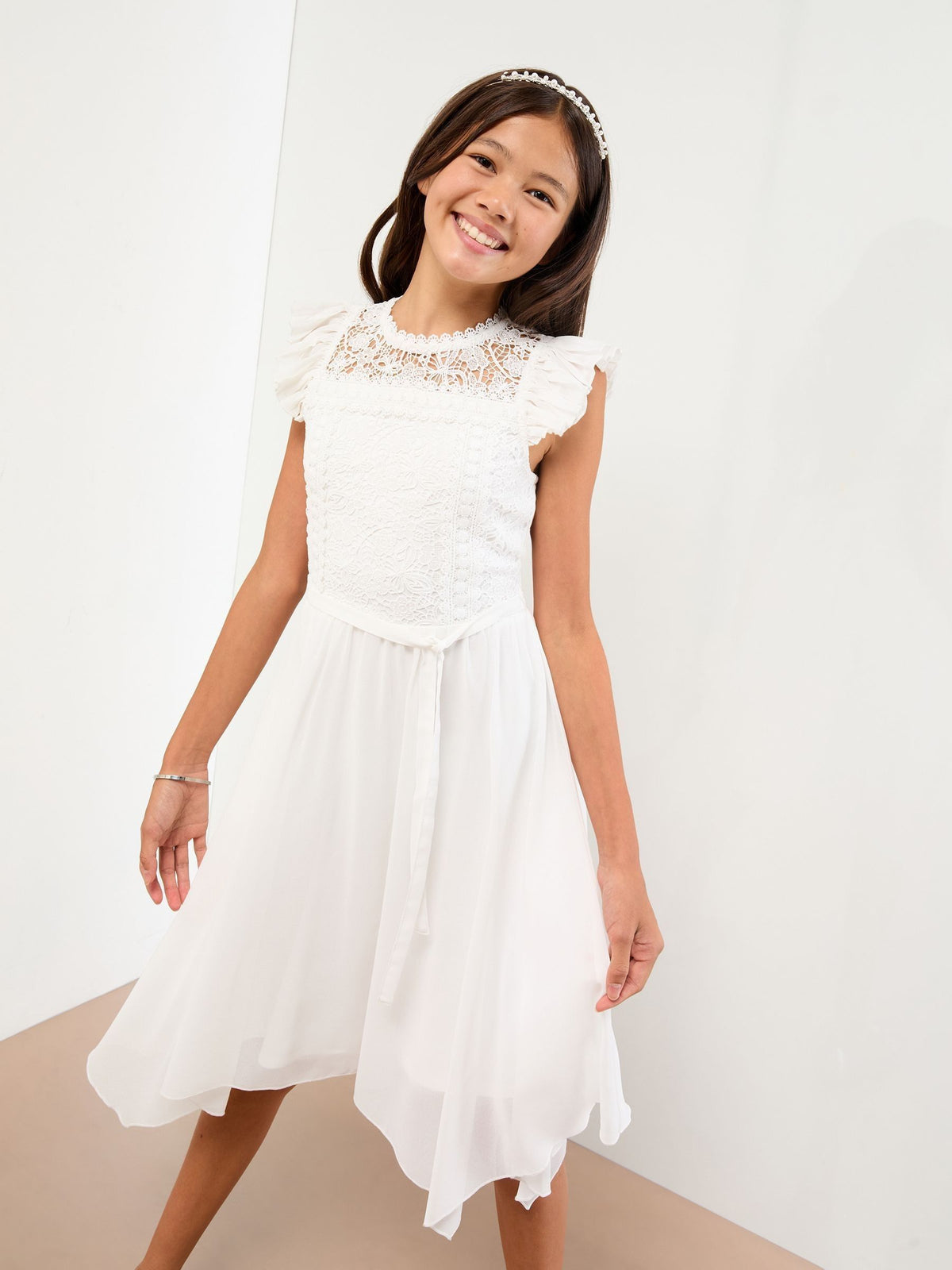 Lipsy White Lace Front Flutter Sleeve Occasion Dress (5-16yrs) - image 1