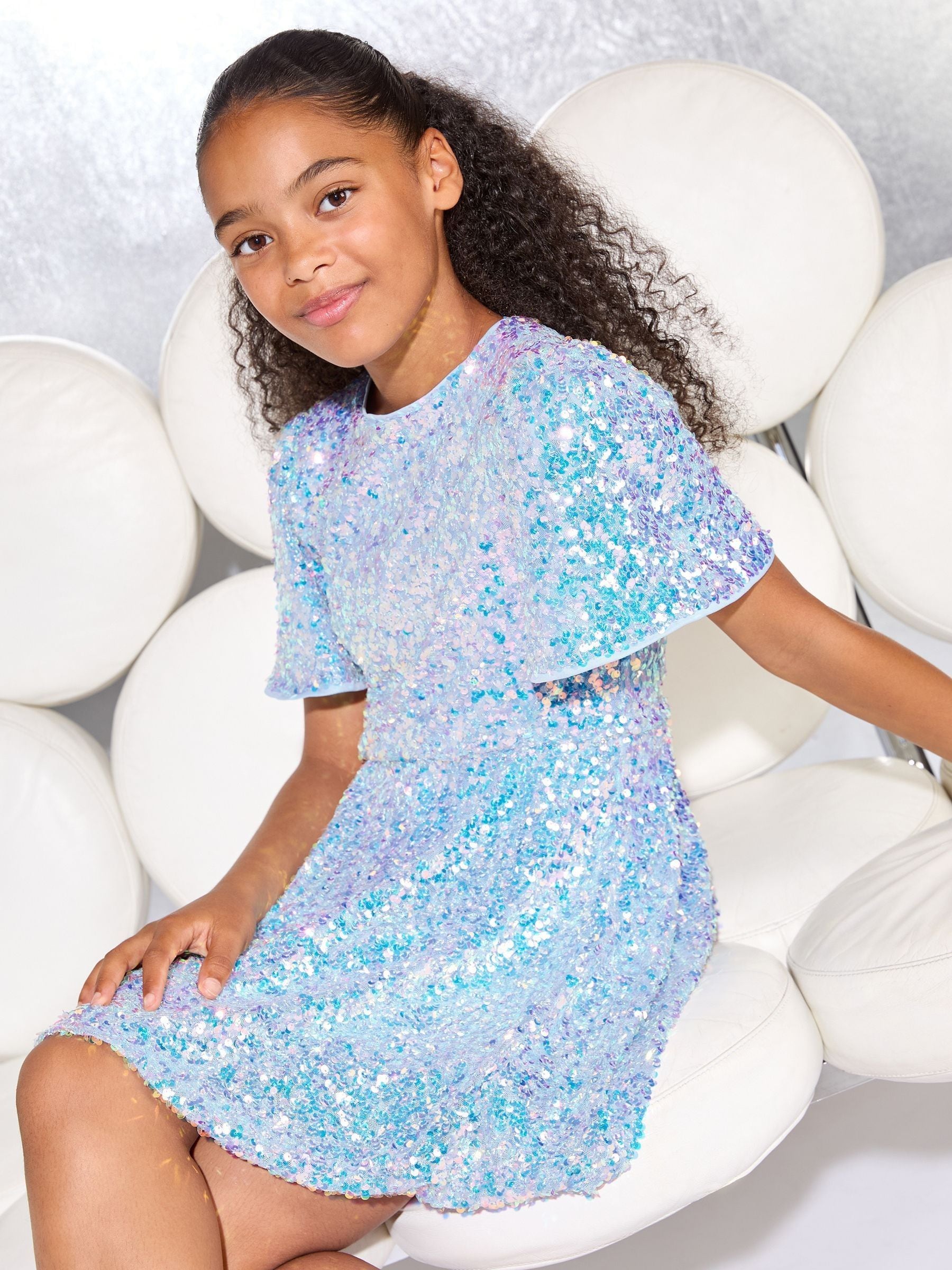 Dsiney Kidz - Lipsy Blue Sequin Bubble Hem Party Dress (5-16yrs) image 4