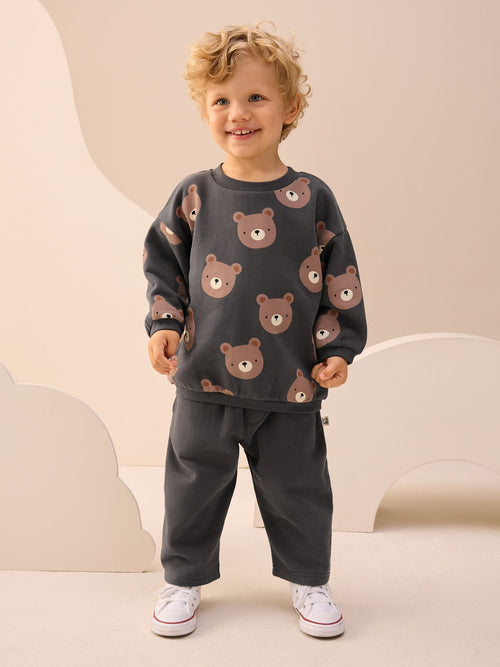 Charcoal Grey Bear All Over Single Sweatshirt And Stripe Joggers Set (3mths-7yrs) image 1
