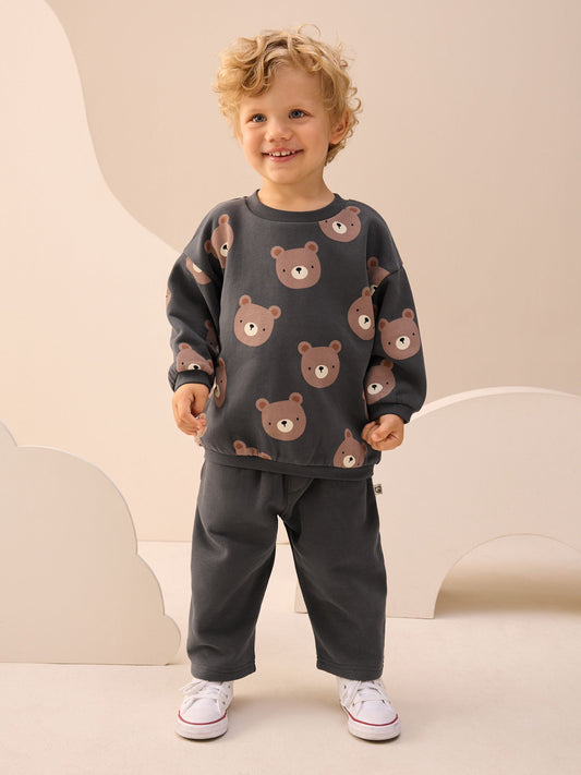 Charcoal Grey Bear All Over Single Sweatshirt And Stripe Joggers Set (3mths-7yrs) image 1
