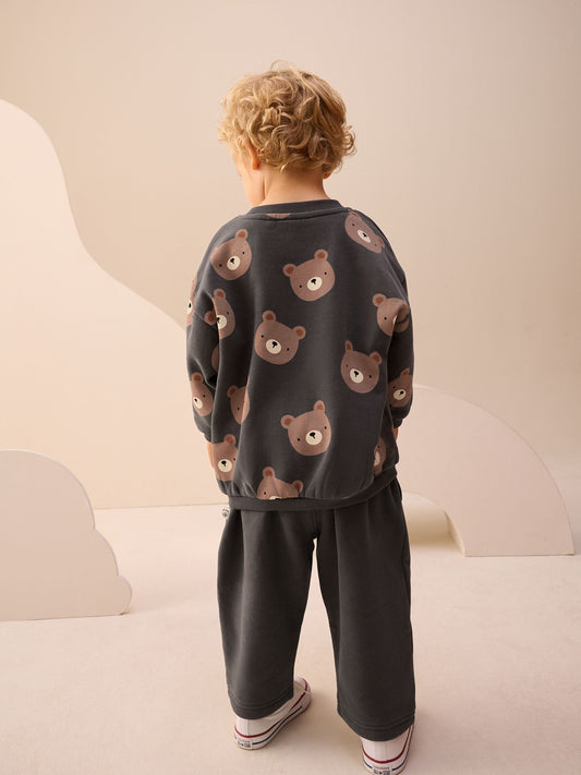 Charcoal Grey Bear All Over Single Sweatshirt And Stripe Joggers Set (3mths-7yrs) image 3