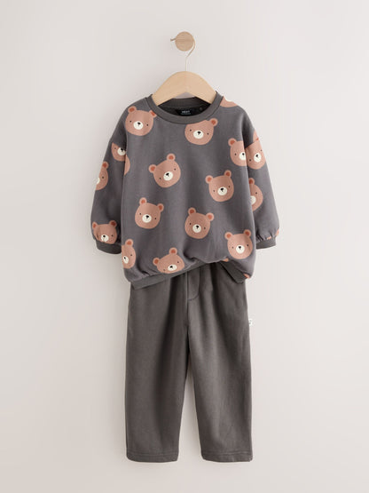 Charcoal Grey Bear All Over Single Sweatshirt And Stripe Joggers Set (3mths-7yrs) image 5