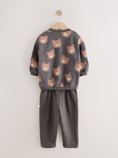 Charcoal Grey Bear All Over Single Sweatshirt And Stripe Joggers Set (3mths-7yrs) image 6